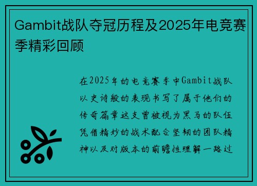 Gambit战队夺冠历程及2025年电竞赛季精彩回顾
