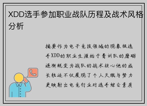 XDD选手参加职业战队历程及战术风格分析